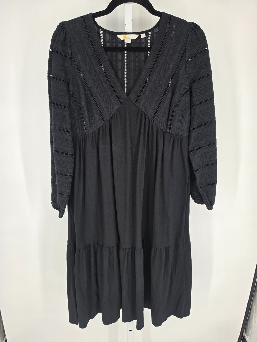 Boden Womens Woven Mix Midi Dress Size UK 12P US 8P Black Puff Sleeve